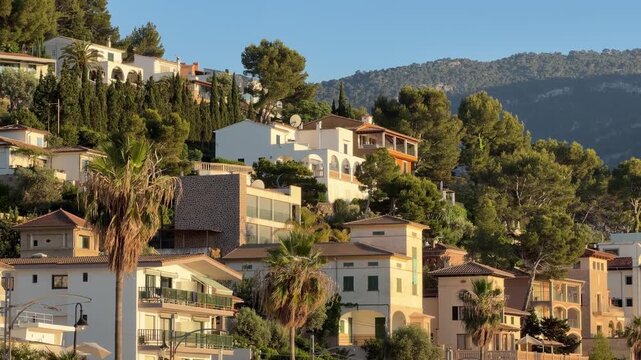 Scenic hillside villas in Port de Soller, Mallorca, surrounded by Mediterranean pine forests and mountains, with a seagull gliding above during golden hour.