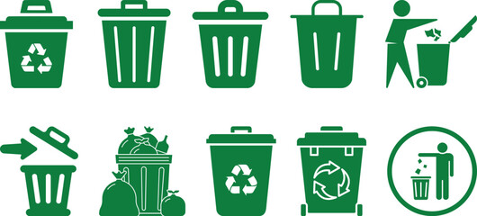 Waste management and recycling line icons set featuring trash bins, garbage containers, recycle truck, and cleanup symbols. Ideal for environmental, sanitation, and sustainability projects. © IR Vector Gallery