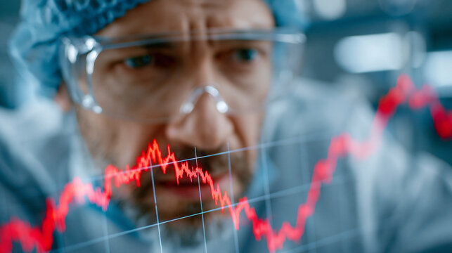 Furious engineer in cleanroom suit staring at red crashing semiconductor stock chart on transparent screen, despair