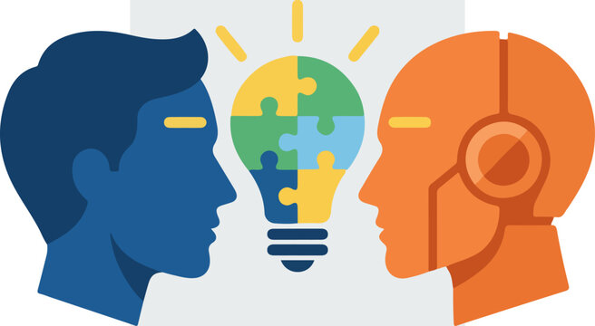 Human and robot heads with lightbulb idea