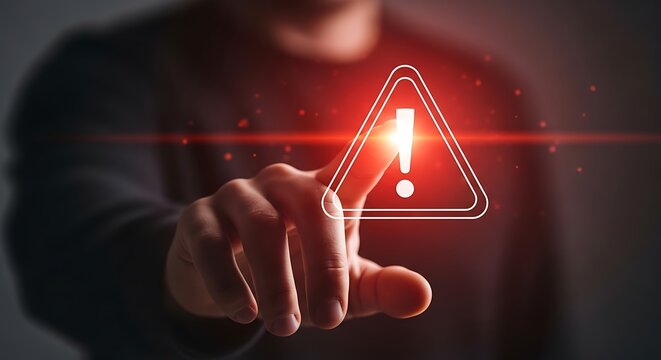 Persons finger touching a digital warning sign with an exclamation mark illuminated with red light creating a sense of urgency and caution