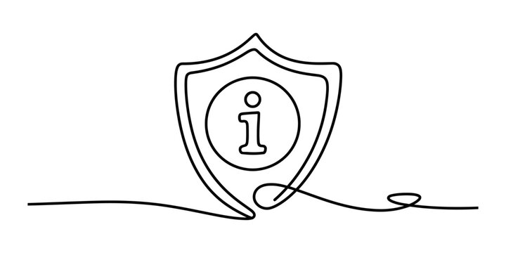 Continuous single line drawing of an information shield icon representing safety and data protection for web and app user interface design and tech security Vector, illustration