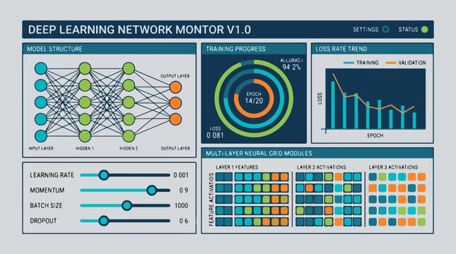 Neural network dashboard wireframe illustration