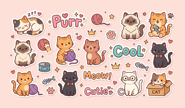Adorable kawaii kitten stickers with yarn and cute sayings ball of yarn black cat orange cat white kitten sticker lover kawaii art sheet domestic