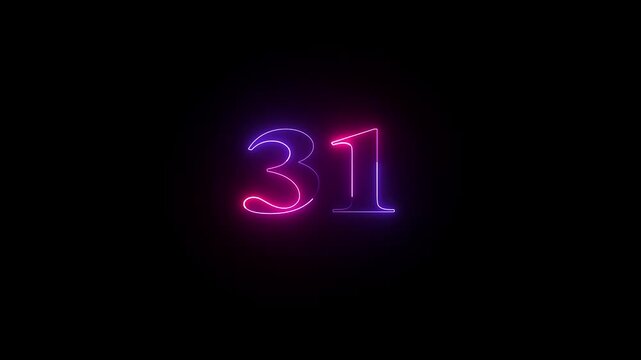 31 number neon bright glowing animation on black background 4k video.