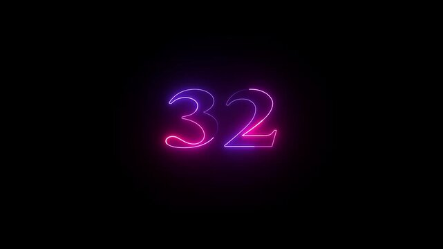 32 number neon bright glowing animation on black background 4k video.