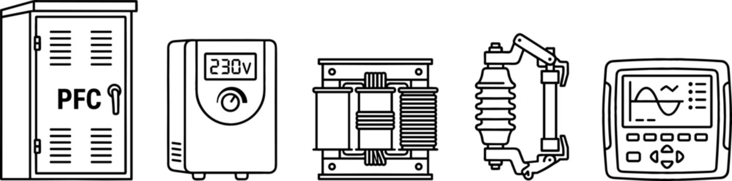 Industrial Electrical Power Grid Component Icon Set with PFC Cabinet Voltage Regulator Transformer Fuse Cutout and Digital Oscilloscope Vector Outline Illustrations