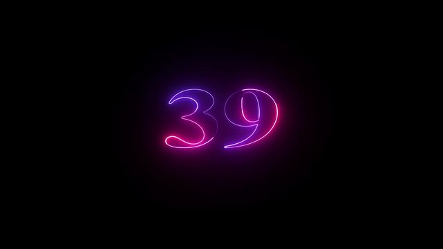 39 number neon bright glowing animation on black background 4k video.
