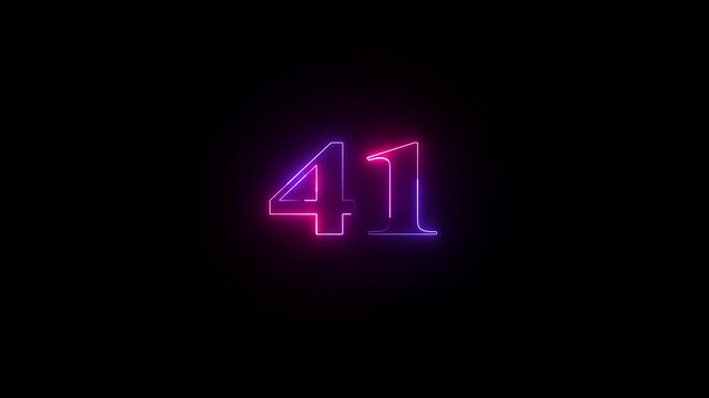 41 number neon bright glowing animation on black background 4k video.