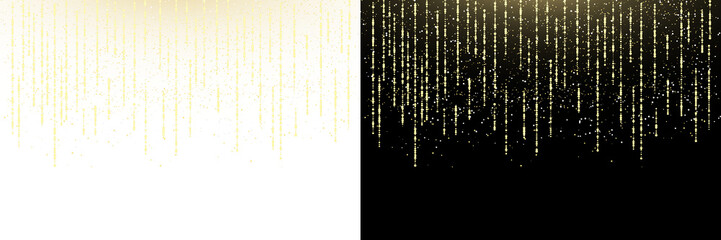 Luxury golden glitter strands with sparkling confetti and glowing bokeh particles cascading over a black background. Shimmer texture with twinkling stars, festive lights, PNG holiday decoration  © Thuin_prodesign