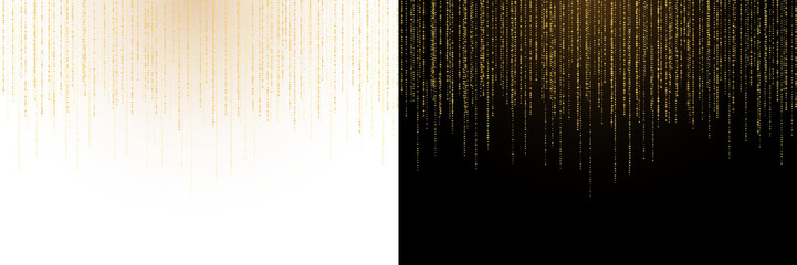 Luxury golden glitter strands with sparkling confetti and glowing bokeh particles cascading over a black background. Shimmer texture with twinkling stars, festive lights, PNG holiday decoration  © Thuin_prodesign