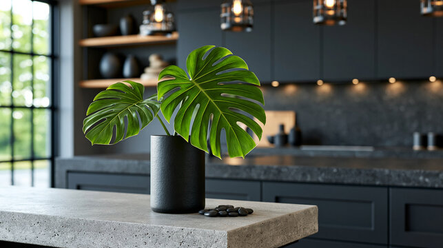 A raw polished concrete side table occupies the foreground, supporting a single large tropical monstera leaf in a tall cylindrical black vase and a small cluster of black river peb