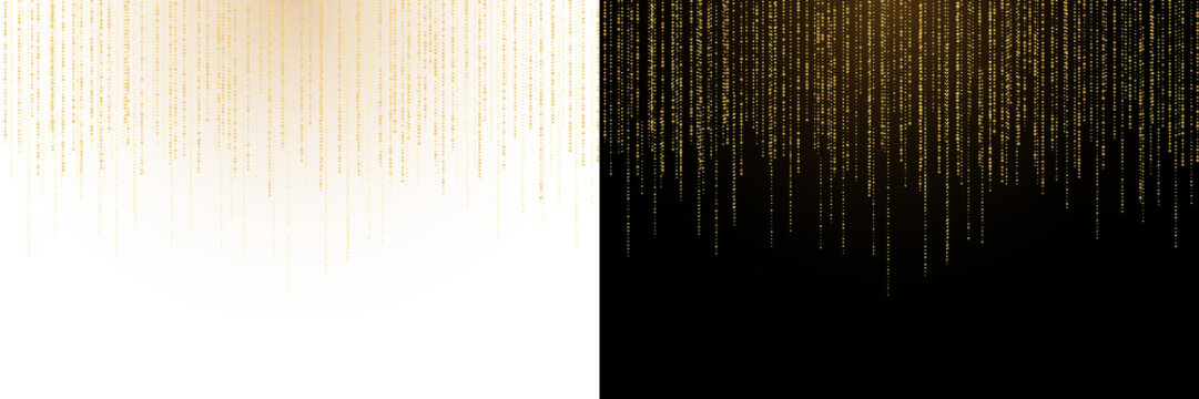 Luxury golden glitter strands with sparkling confetti and glowing bokeh particles cascading over a black background. Shimmer texture with twinkling stars, festive lights, PNG holiday decoration 