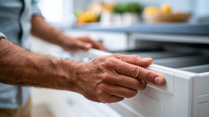 Obraz premium A close-up of European hands gently positioning a smooth white drawer into a cabinet during a calm home project against a bright defocused backdrop, faceless detail, softly defocus