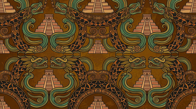 Aztec feathered serpent pattern with pyramid elements on textured background.