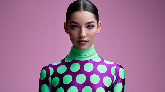 Ein weibliches Model tr&auml;gt einen auff&auml;lligen gr&uuml;n-schwarz gepunkteten Rollkragenpullover vor einem rosafarbenen Hintergrund