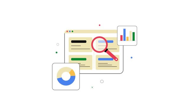 Vector illustration of a web page with a magnifying glass and charts