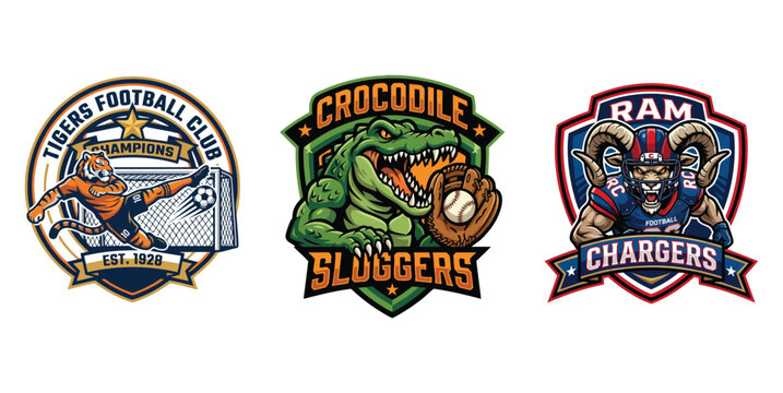 Sports team logos for tigers football club crocodile sluggers and ram chargers