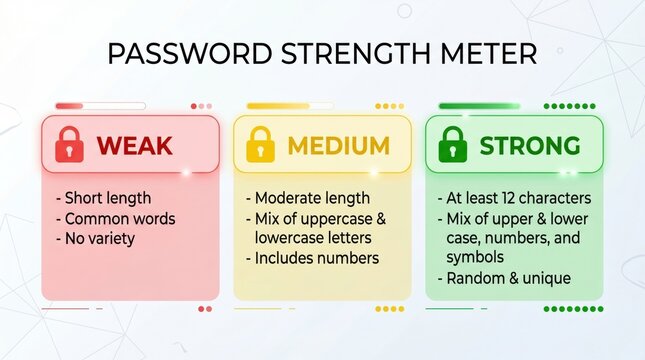 Password strength meter interface with weak, medium, strong indicators
