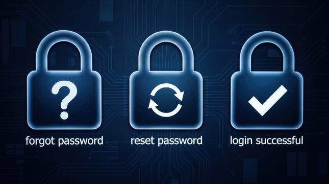 Digital security padlocks with password reset and login icons