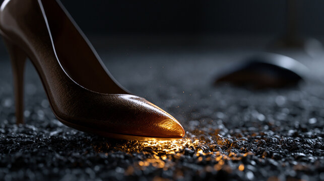 Ein gl&auml;nzender brauner Damenschuh mit hohem Absatz steht auf einem dunklen, k&ouml;rnigen Untergrund mit goldenem Glitzer.