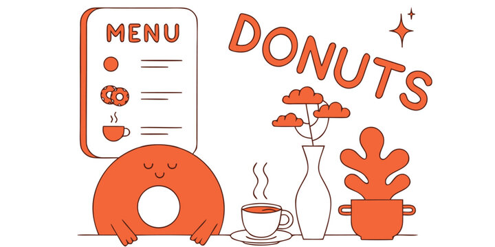 Donut shop menu design illustration with cute cartoon mascot and hot coffee cup