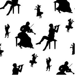 Woman playing the violin, man playing the flute,  dogs dancing, rococo style black  vector illustration. © Oksava
