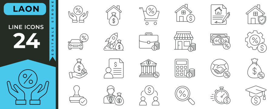Premium Loan Line Icons Collection Featuring Lending Banking Mortgage Credit Approval Financial Services And Personal Finance Concepts