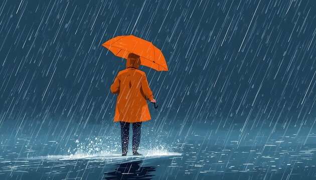 Simple vector art of someone walking through a rainstorm.