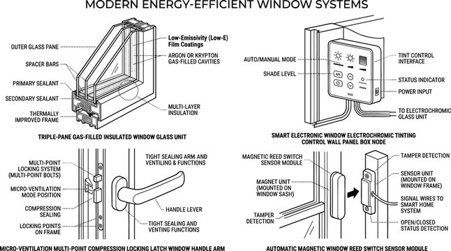 Modern Energy Efficient Window System Vector Set with Triple Pane Glass Smart Tinting Controller Locking Handle and Magnetic Security Sensor Diagram