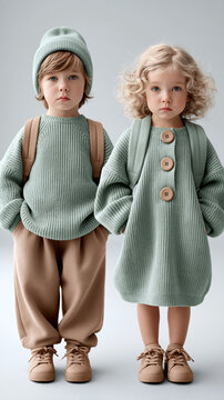 Zwei Kleinkinder in mintgr&uuml;nen und beigefarbenen Strickoutfits stehen l&auml;chelnd nebeneinander vor wei&szlig;em Hintergrund.