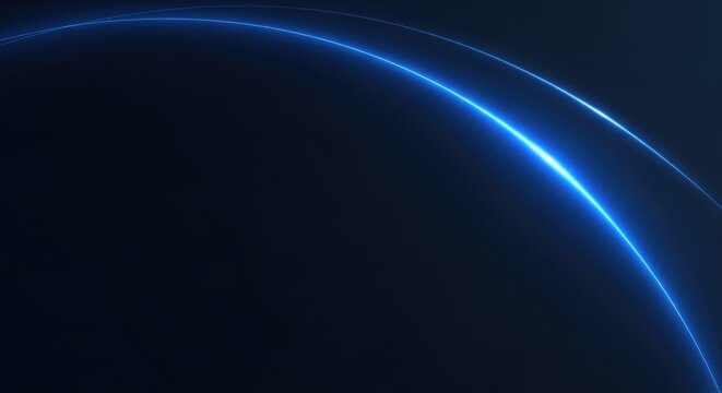 Minimalist blue arc of light glowing against deep black background represents planetary horizon or high speed fiber optic data transmission.