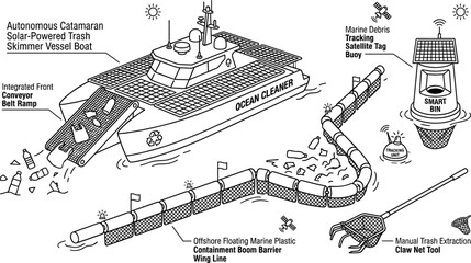 Ocean Plastic Pollution Cleanup Technology Set with Autonomous Solar Catamaran Trash Skimmer Boat Floating Containment Boom Barrier Satellite Tracking Buoy and Extraction Tool Vector © monoara