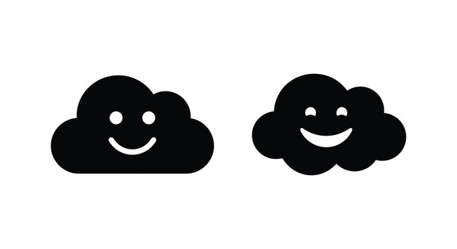 Two smiling cloud silhouettes with simple facial features on a white background silhouette shape icon