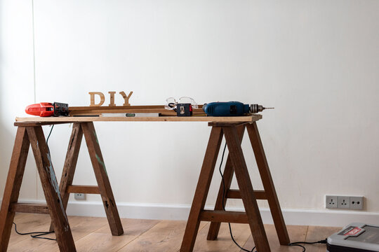 DIY tools on wooden sawhorses