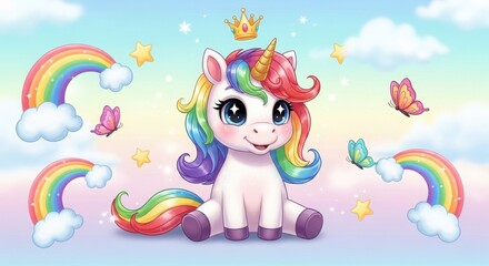 Naklejka premium Colorful unicorn sitting on fluffy clouds with rainbows