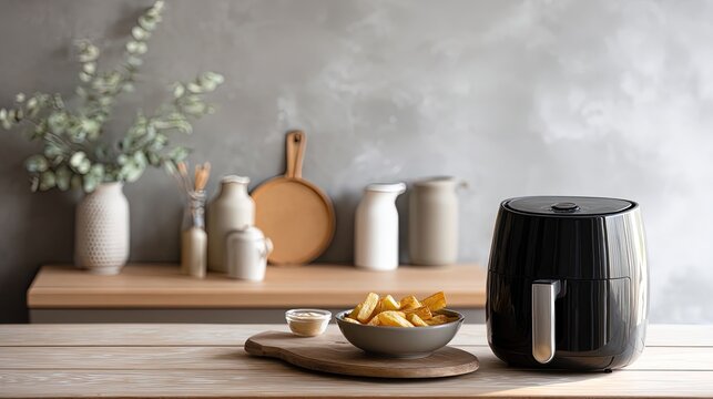 Compact air fryer on a wooden counter with fries and dipping sauce beside it with copy space. Warm lighting. Simple kitchen setting background. 