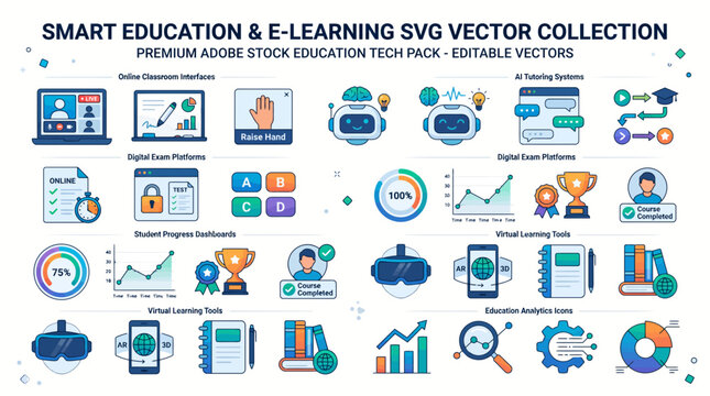 Set of online education and digital learning technology flat vector icons including virtual classroom e-learning and exam platforms