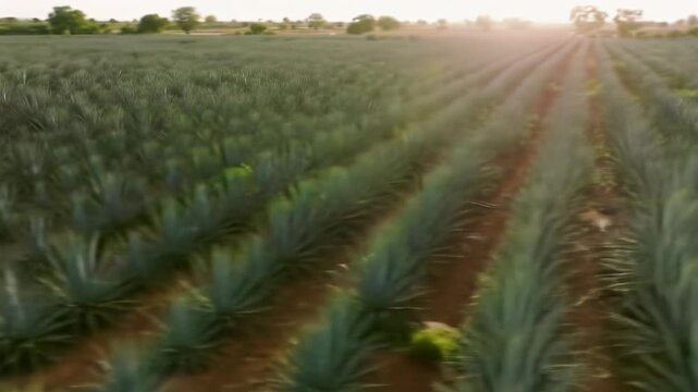 Expansive aerial drone video captures thousands of deep green agave plants in neat rows on reddish-brown earth under golden hour sun. Large-scale agriculture concept