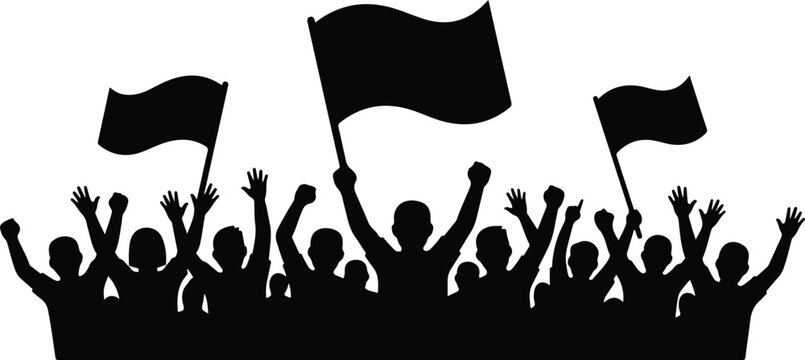 Crowd silhouette raising hands and fists while holding three wavy flags, revolutionary black and white vector illustration