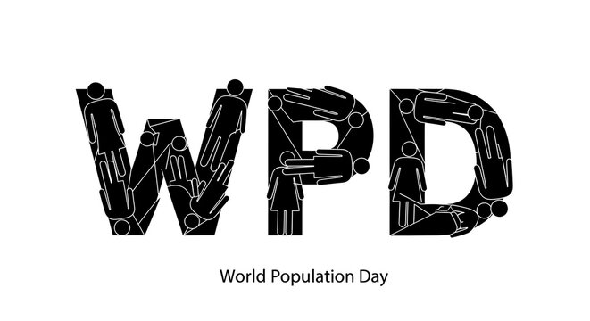 World population day typography design featuring human silhouettes inside the letters W P and D