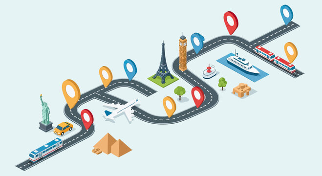 Isometric illustration depicting a winding road connecting famous global landmarks and modes of transportation, symbolizing travel and exploration.