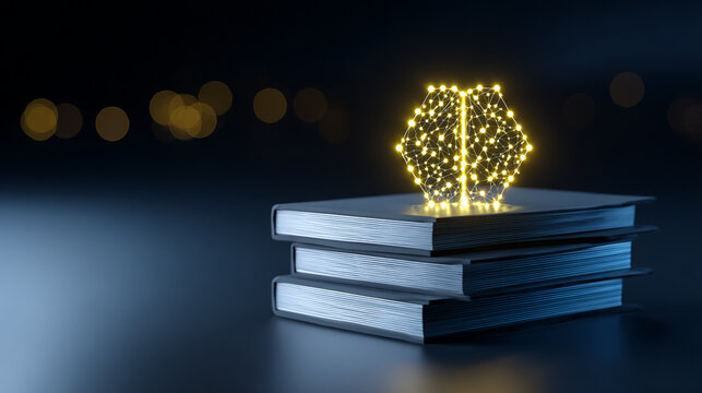 Digital AI brain glowing network icon on a stack of books representing machine learning and tech education
