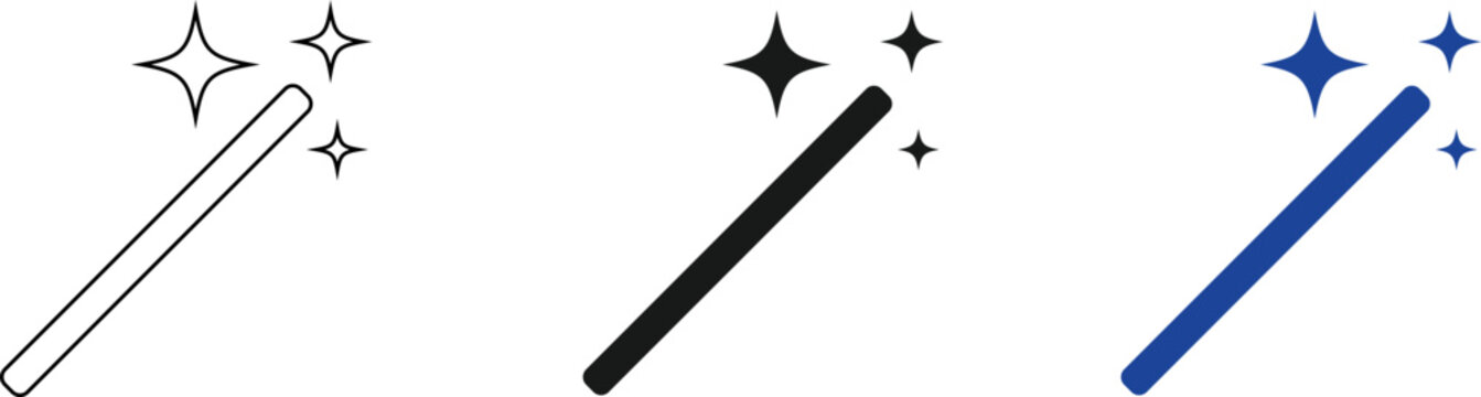 Magic Wand Icons Set Outline Black Blue Sparkles Stars Symbols Collection Design vector illustration