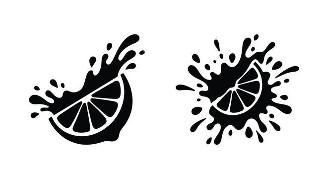 Citrus slice with splash effect black and white silhouette lime lemon orange fruit segment wedge