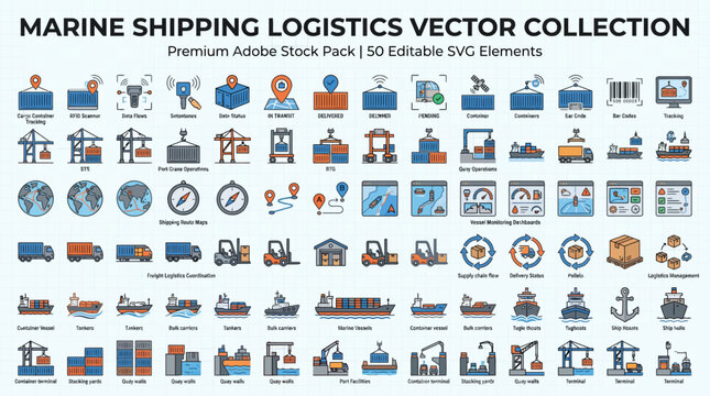 Extensive Vector Icon Collection for Marine Shipping and Logistics, Illustrating Global Freight Transport, Port Operations, Warehouse Management, and Delivery Services