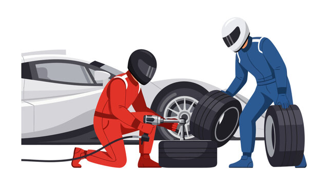 Race Pit Stop: Two pit crew members in racing suits perform a rapid tire change on a sleek race car, emphasizing speed and precision in a high-stakes motorsport environment.