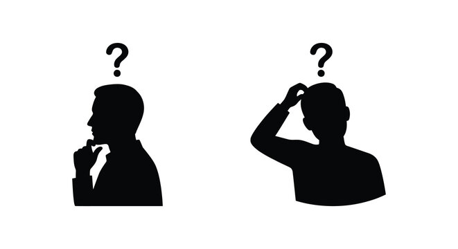 Two male head silhouettes in thinking poses against a white background silhouette human figure man