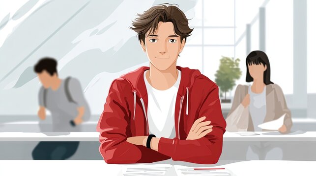 College entrance examination poster, a hard-working person, classroom, struggling appearance, victory, red, firm eyes, bright background, natural light, poster, above white, the best quality