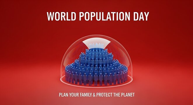Blue human figures inside a glass dome for World Population Day family planning awareness art.